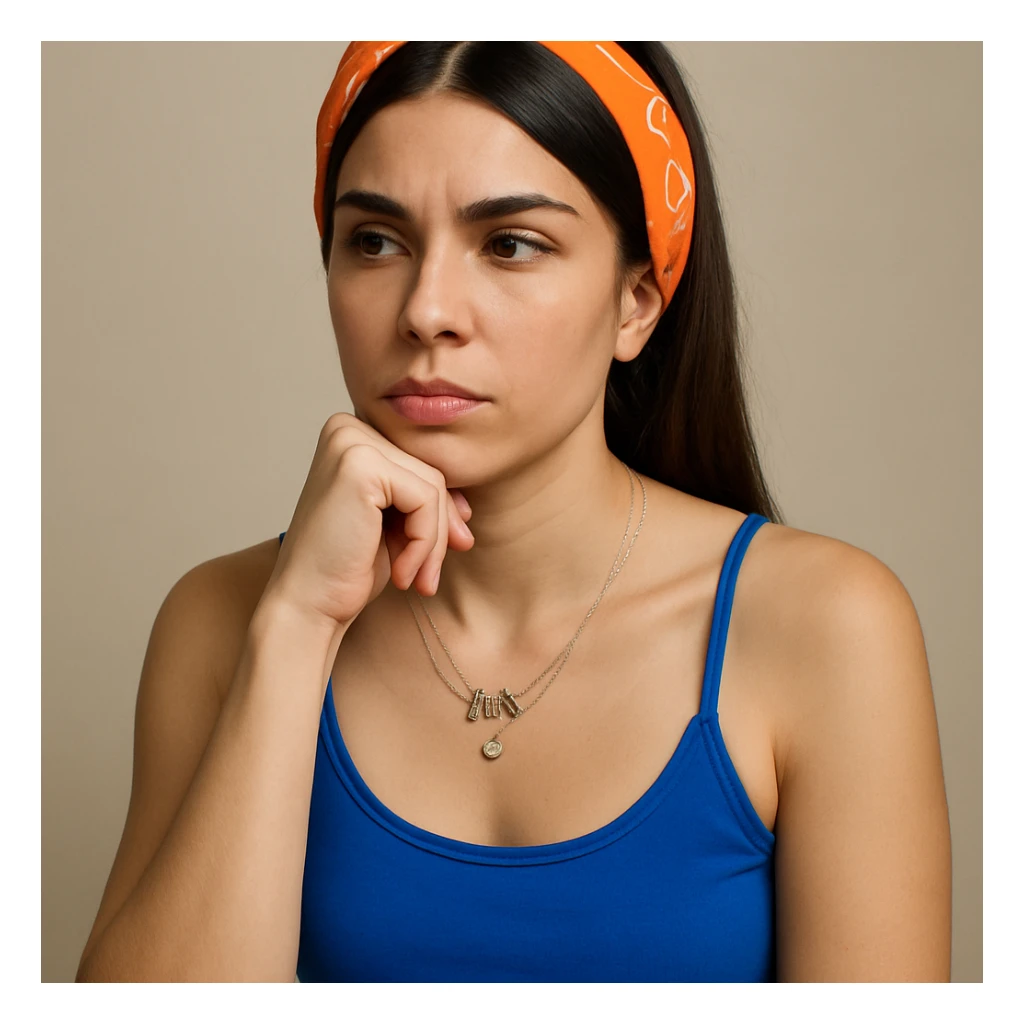 Create a hyperrealistic 4K image of a thoughtful woman, almost full figure, with her hand under her chin, inspired by the reference image. She has a reflective expression and a neutral background. This is variant 8 with a slightly changed torso tilt. sticker