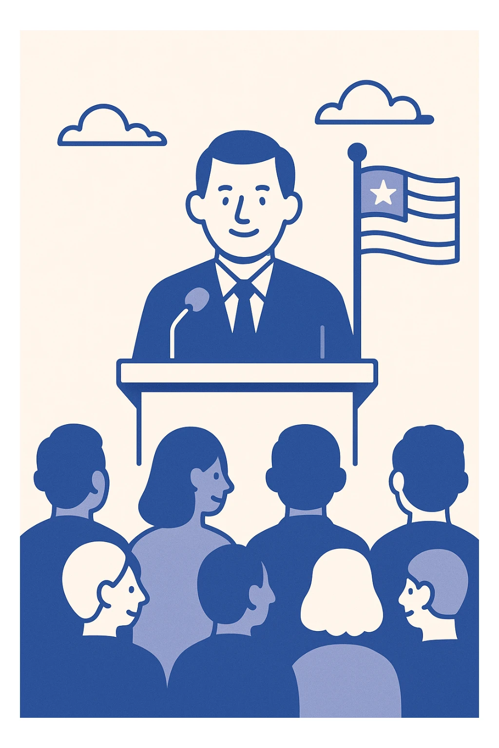 Discours présidentiel devant la population, style flat design, podium, silhouettes de public, drapeau en arrière-plan sticker