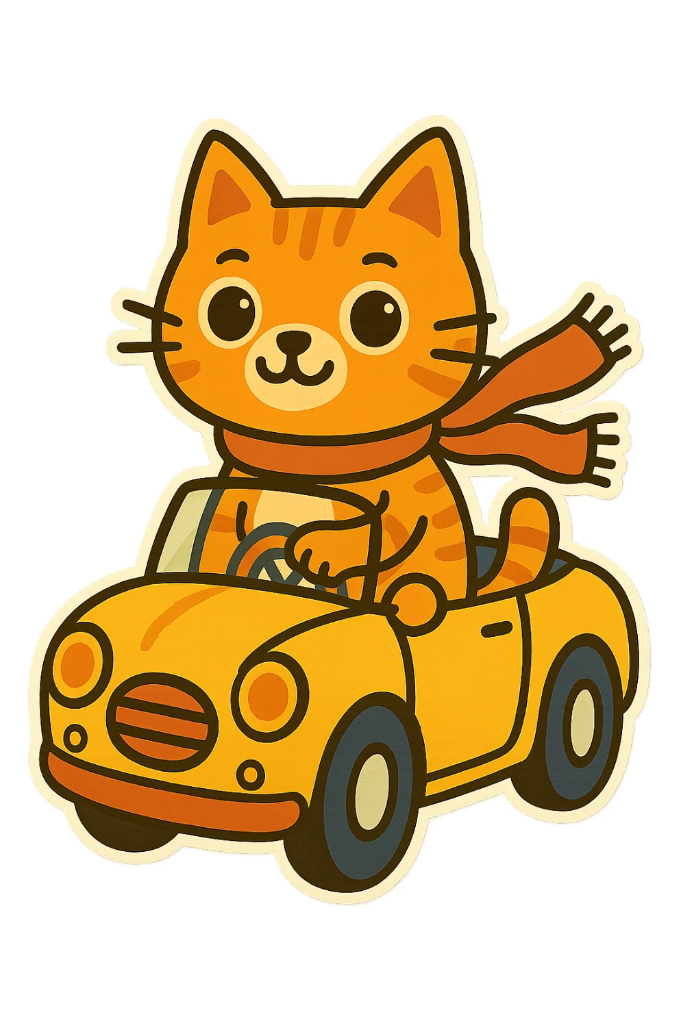 Cute cat with a scarf in a yellow convertible, whimsical illustration, background transparent, chibi stickers cartoon style. sticker