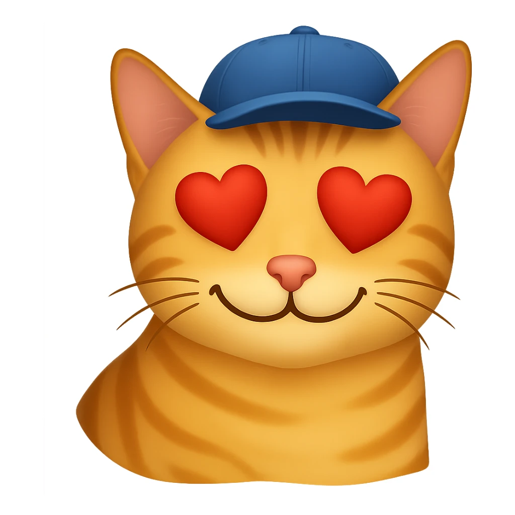 Change the cat's face expression to love (heart eyes or loving smile), keep the blue cap, and set the background to transparent. The style should resemble emoji style with simple and clear features. sticker