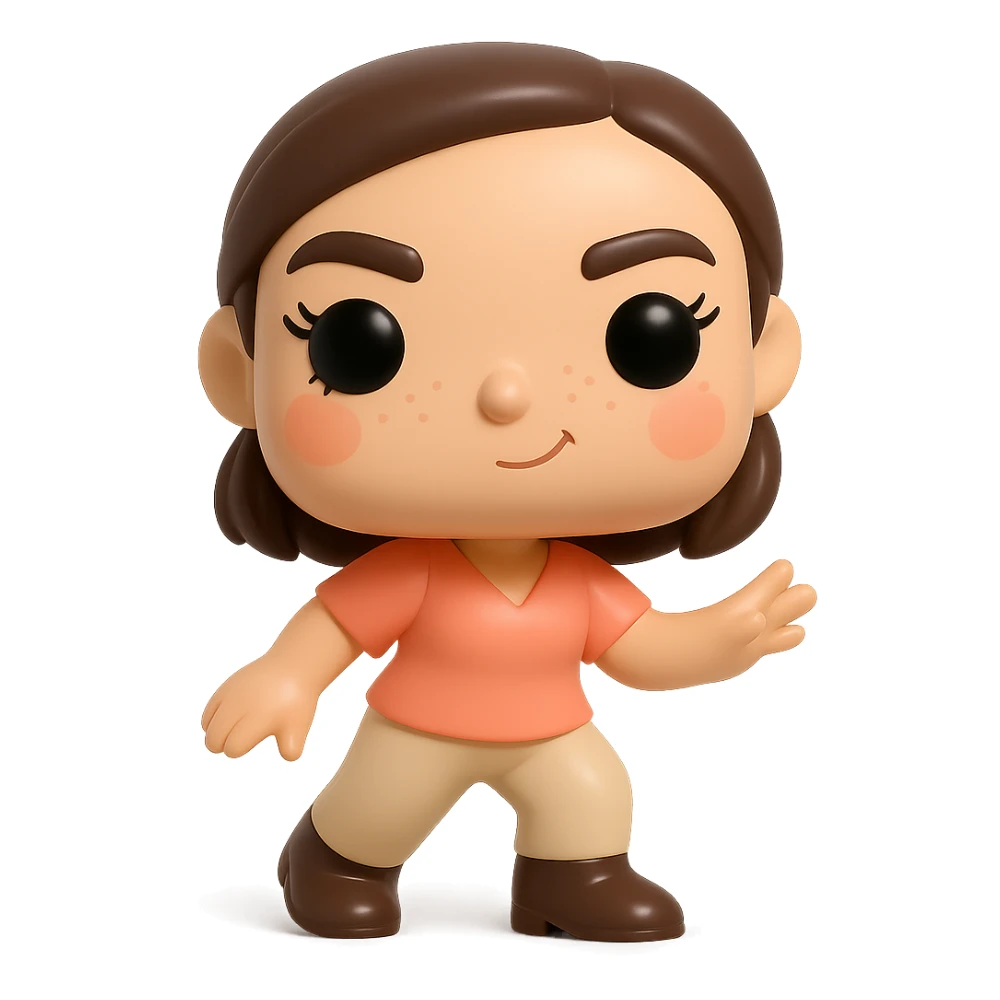 Create a Funko Pop style vinyl figure inspired by the reference image. The figure should have a peach-colored blouse, beige pants, dark brown Santiago boots, dark brown bob haircut tied back, rosy cheeks, feminine eyelashes, light freckles, and a mischievous expression. The pose should be dynamic. No hat or accessories. Transparent background. sticker