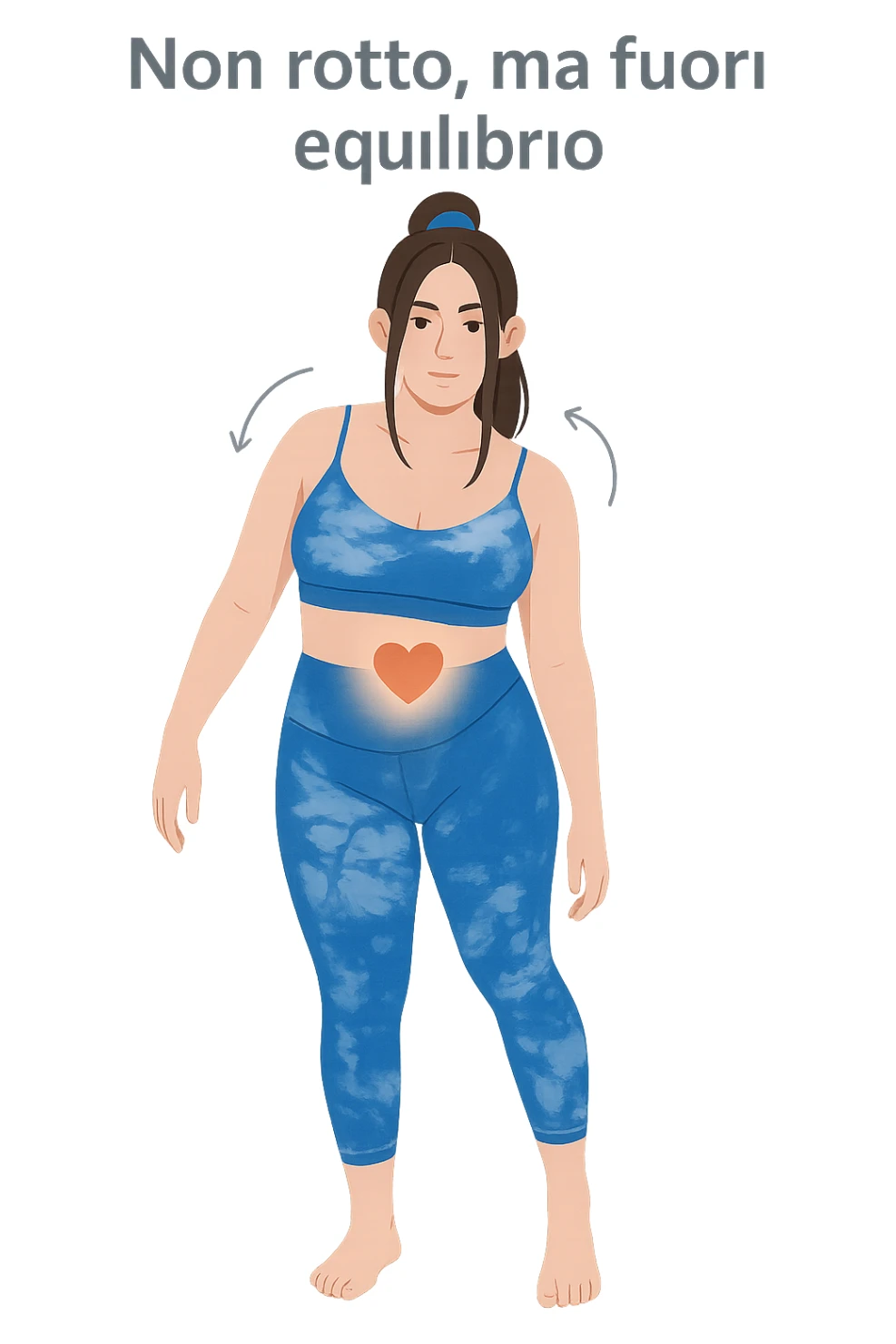 a woman stands in a relaxed pose, with a gentle, confident expression. Her body is shown with subtle, curved lines or arrows indicating areas of imbalance (such as a slight tilt in the shoulders or hips), but no signs of injury or damage. A soft glow or heart symbol at her core emphasizes resilience and the message “Non rotto, ma fuori equilibrio” The background is clean and clinical, with light blue tones. sticker