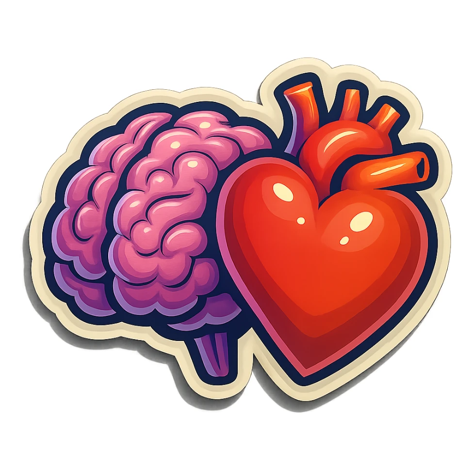 brain and heart together, clear outlines, strong shadows and highlights, psychosomatics and psychology theme, fun and not too complex sticker
