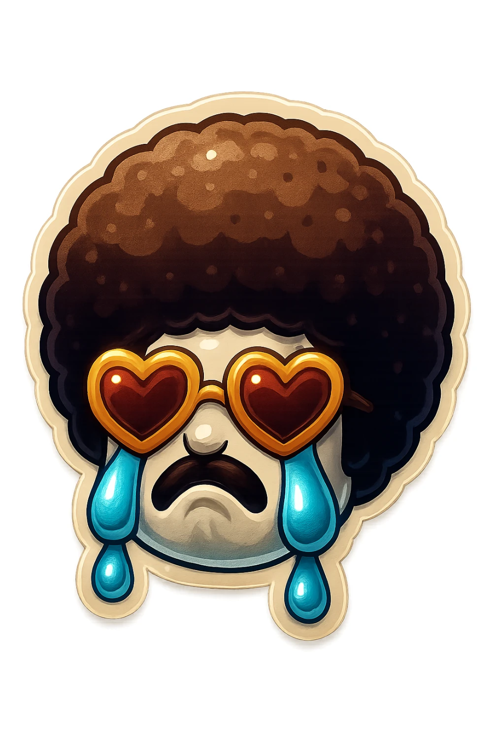 White circle face, afro, heart glasses, Crying with large tears, sobbing, lip quiver sticker