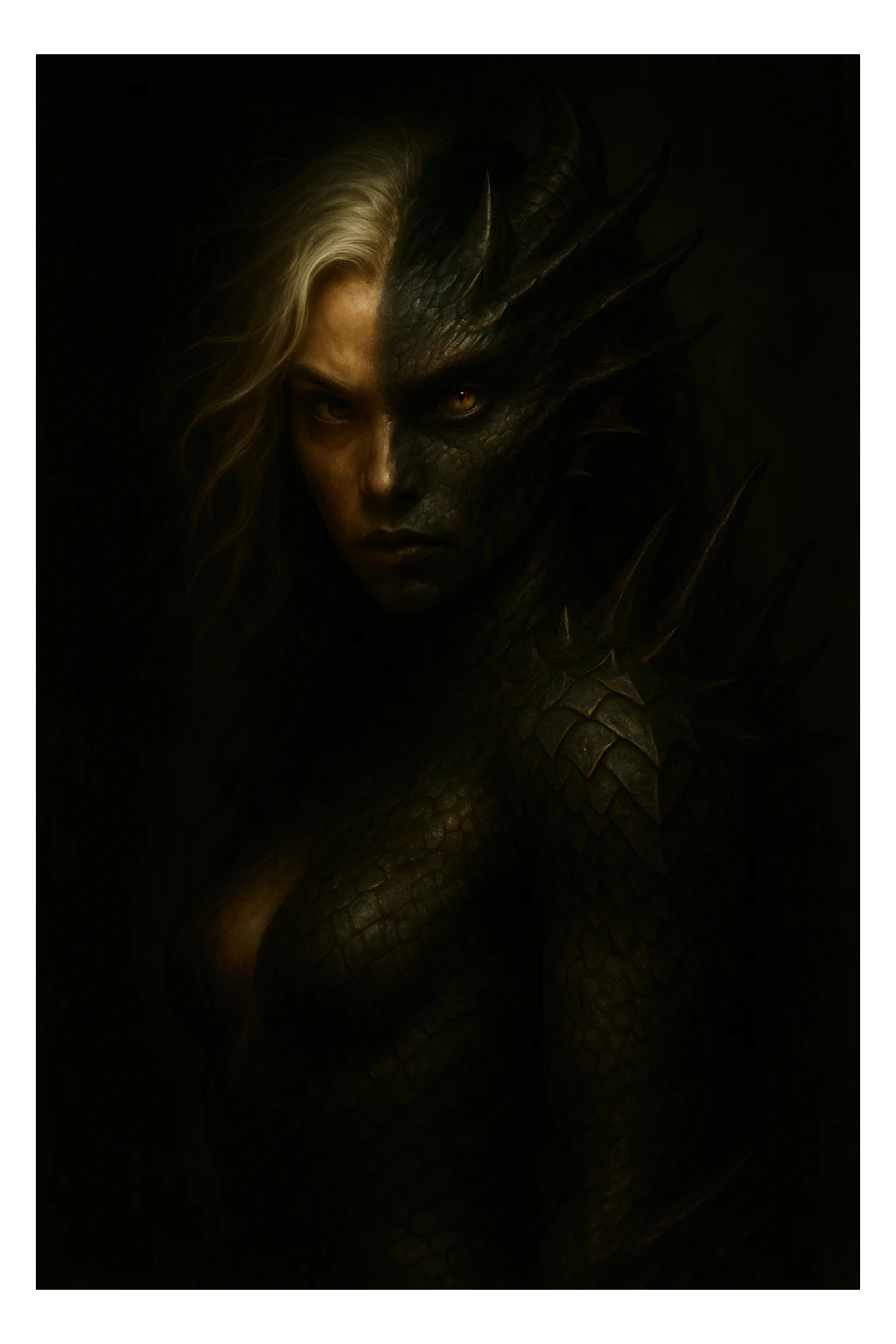 Make the character a girl, keep half human half dragon, with silver hair and black roots, under dramatic lighting. Emphasize the contrast and mood created by the lighting on the hybrid character. sticker