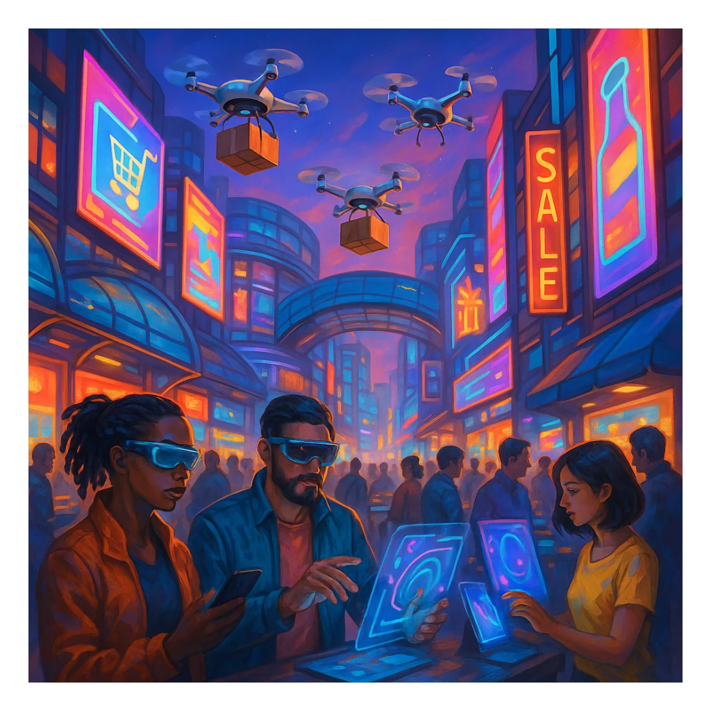 dynamic scene of a digital marketplace in the future, with drones delivering products, interactive billboards, and people engaging with smart devices, semi-realistic vibrant style sticker