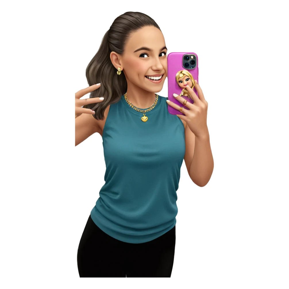 smiling girl takes selfie with jewelry sticker