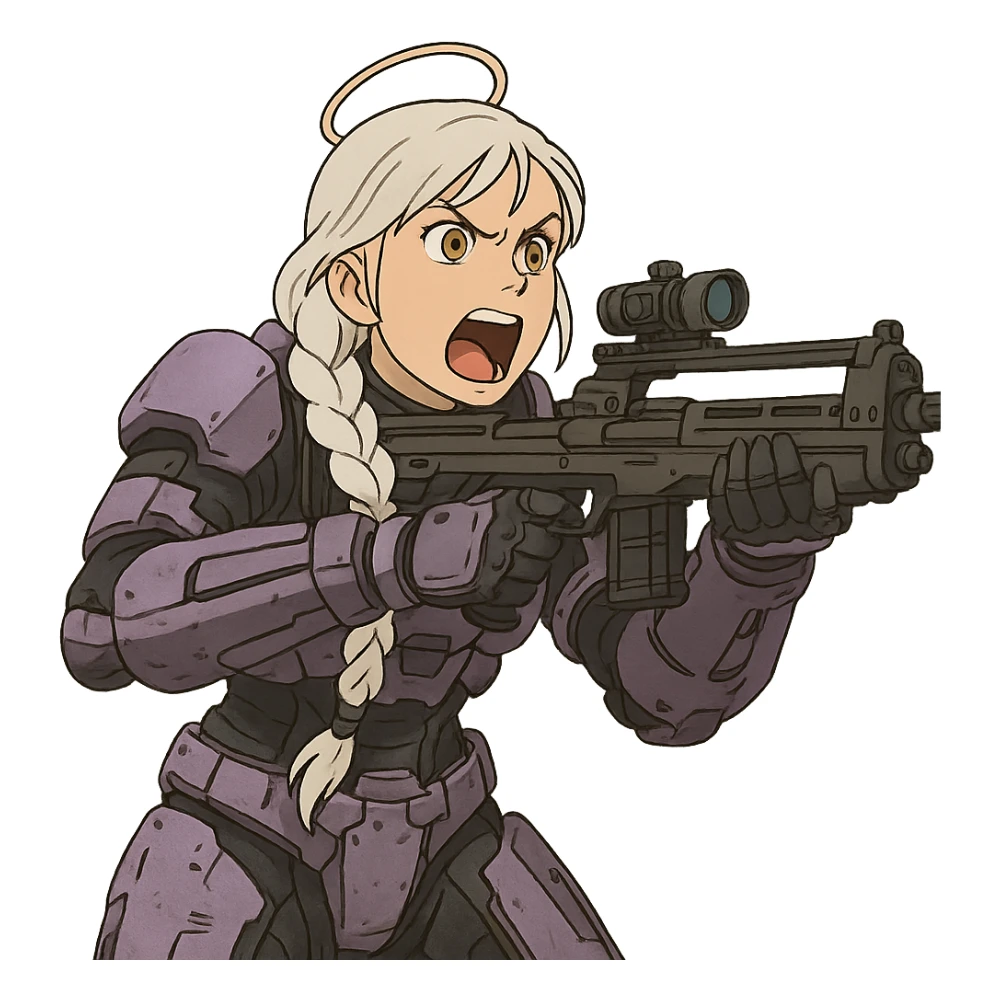 female, wearing reach spartan armor default, long white braid hair, gold yellow eyes, attention pose, halo series, no helmet, the armor is lavender color scheme, shoulder pad off. DDD bust size fitting. Punk gothic cyberpunk, brandishing a dmr, aiming down the sights and yelling sticker