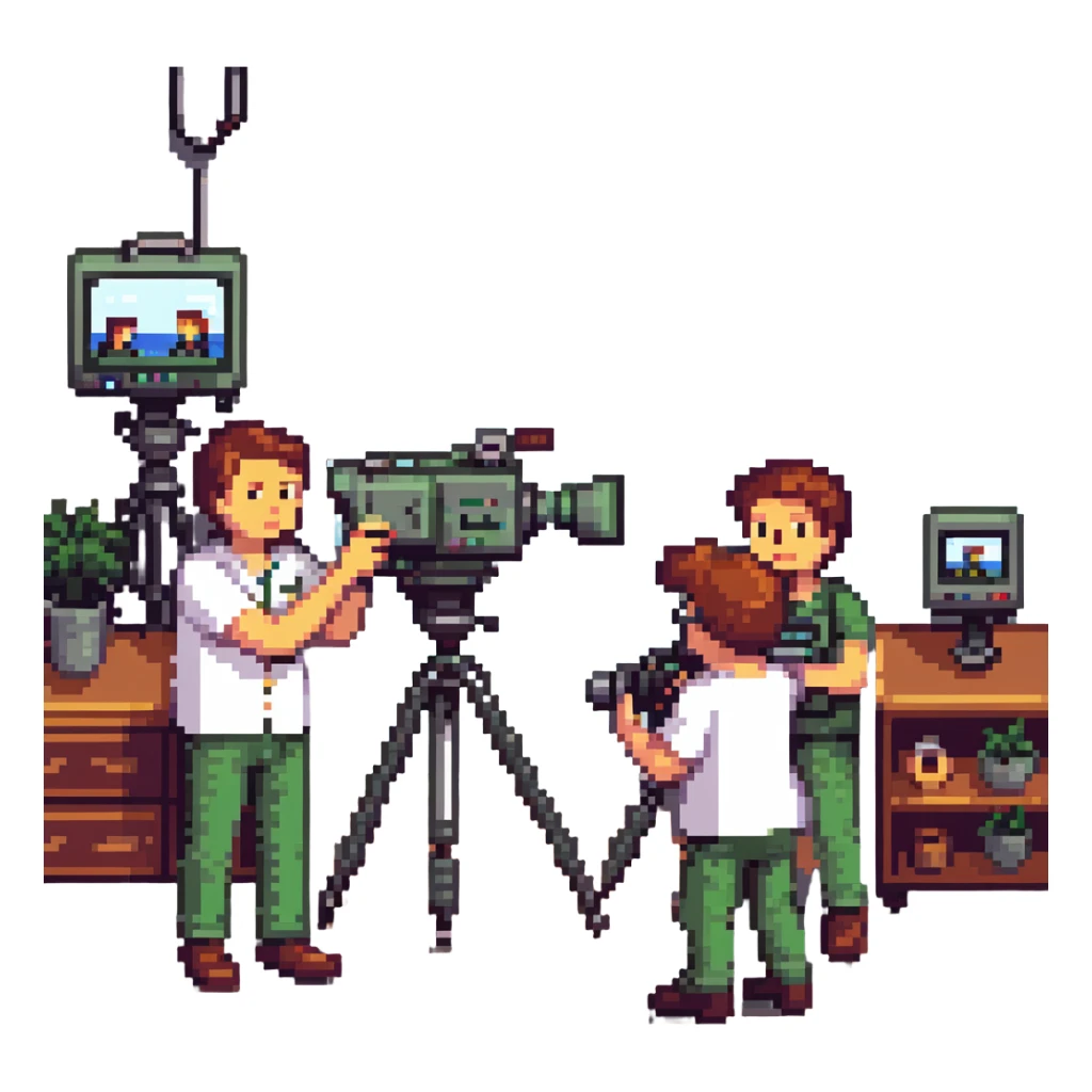 collaboration équipe de tournage with multiple members including caméraman, preneur de son, réalisateur working together around a broadcast camera, dynamic atmosphere, wide shot, team spirit in pixel art style sticker