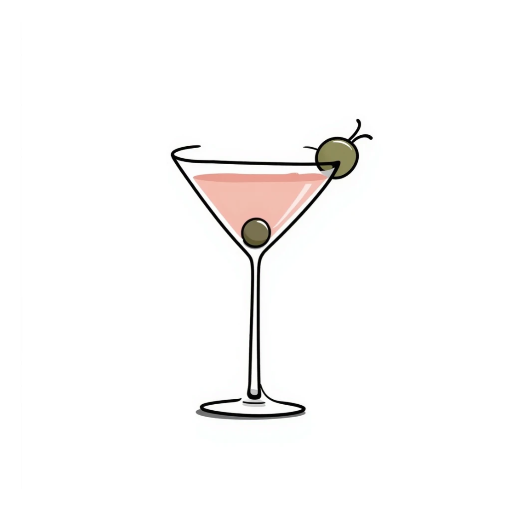 A classic martini glass with olive garnish in pastel colors (dd9fb0, ffc6d3, a3bfc9, c4bee2, f1b091), hand-drawn doodle style sticker