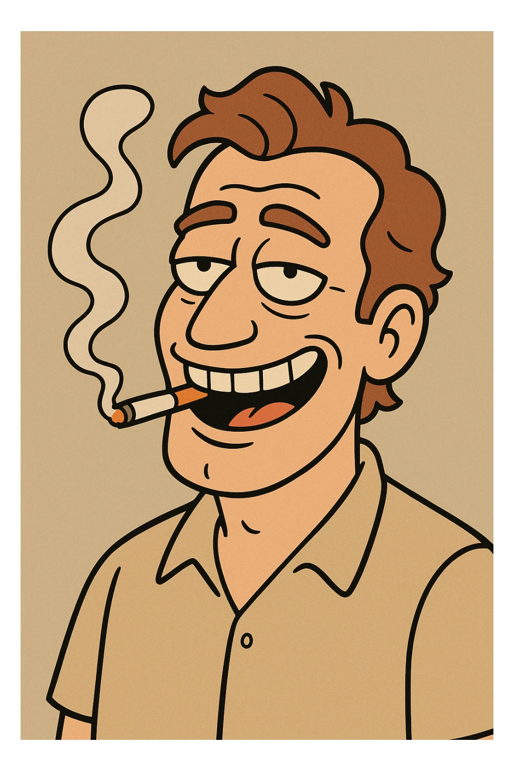 a man grinning, smoke curling from his mouth, unique flat toon style sticker