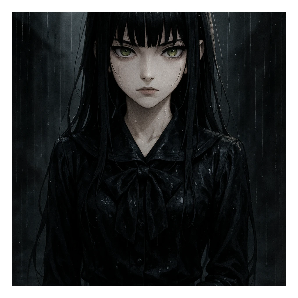 EchoMoon, silent mysterious anime girl, long black hair, sharp bangs, pale skin, amber green eyes, cold beauty, wet black school uniform, gloves, standing in rain, cinematic noir atmosphere, dramatic shadows, gothic shoujo, ultra-detailed sticker