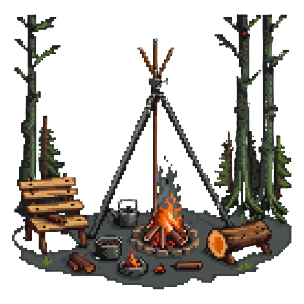 bushcraft wilderness campfire with tripod cooking setup and log seats sticker