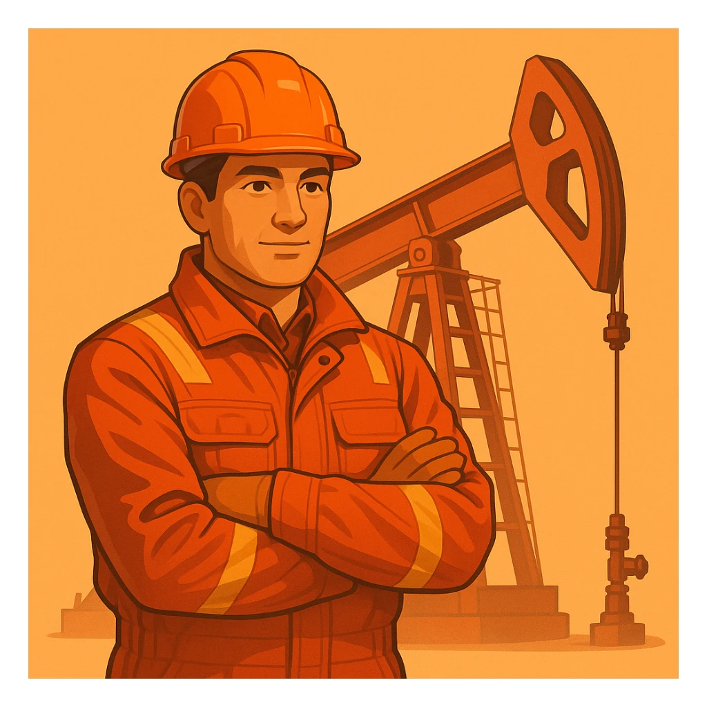 Сгенерируй мне нефтекачалку в мультяшный реалистичный стиль, мягкий тёплый свет, чистые контуры, детализированный костюм, гладкая цифровая отрисовка, оранжево-красная цветовая палитра. На однородном фоне sticker