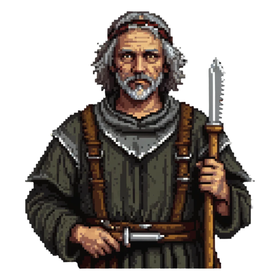 middle-aged peasant man in ragged medieval clothes with dirty face and simple tools sticker