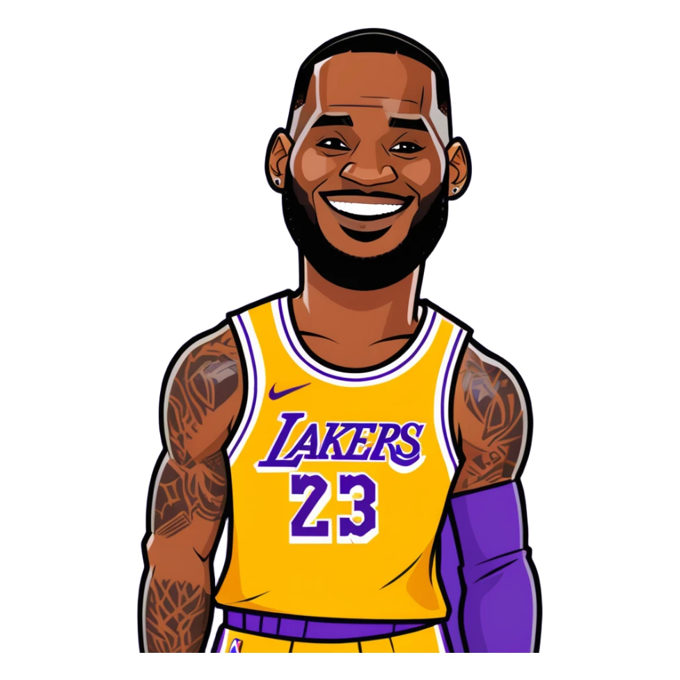 LeBron James in a cartoon sticker style, wearing a Lakers jersey, smiling sticker