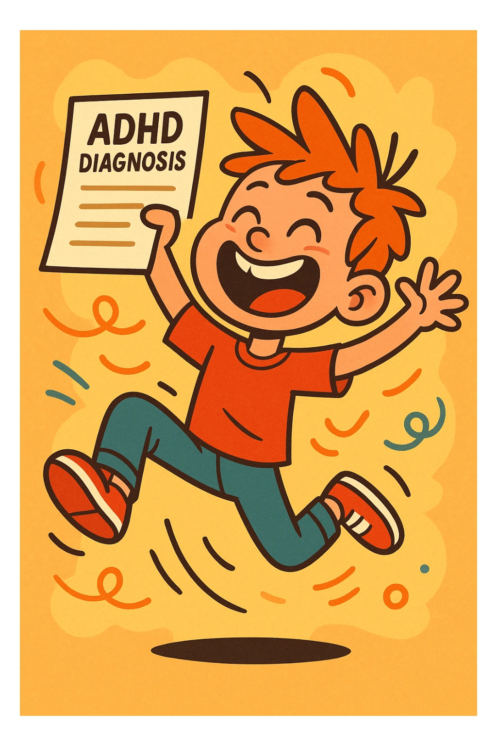A hyperactive child with a big smile, bouncing with energy, holding a paper labeled 'ADHD Diagnosis', in a playful, colorful cartoon style sticker