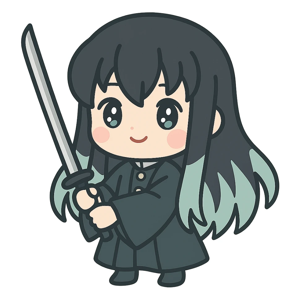 Muichiro Tokito from Demon Slayer, chibi style, holding a sword, cute expression sticker