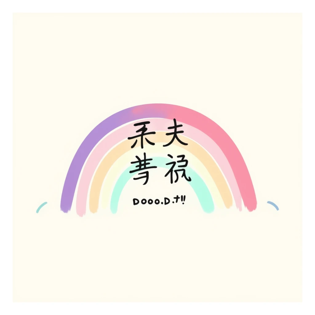 handwritten 越努力 越幸运 in pastel rainbow gradient with soft pink, purple, yellow, blue, and green, medium-bold, centered, transparent background, gentle and inspiring sticker