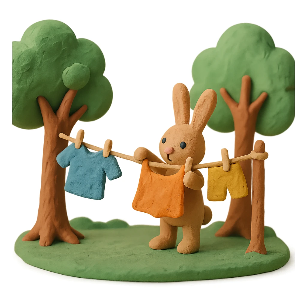 bunny hanging laundry between trees, calming domestic forest feel sticker