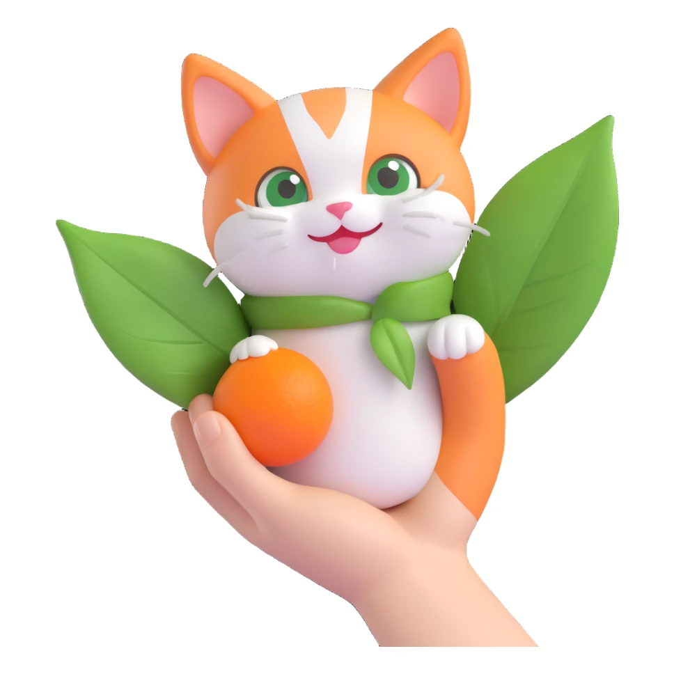 3D iOS style hand holding a small round orange and white cat wrapped in a green leaf, cute happy face sticker