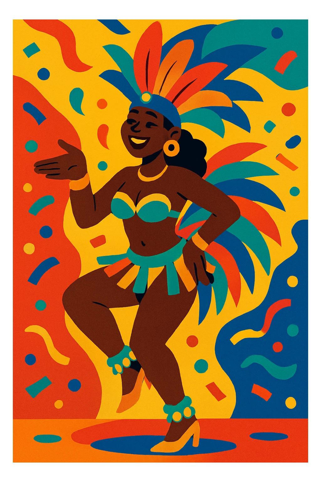 Black person performing samba, colorful carnival attire, dynamic movement, inviting gesture sticker
