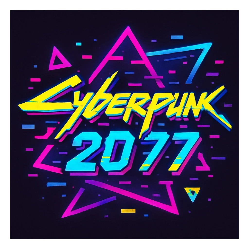 cyberpunk 2077 logo, bold neon colors, glitch effect, tech font sticker