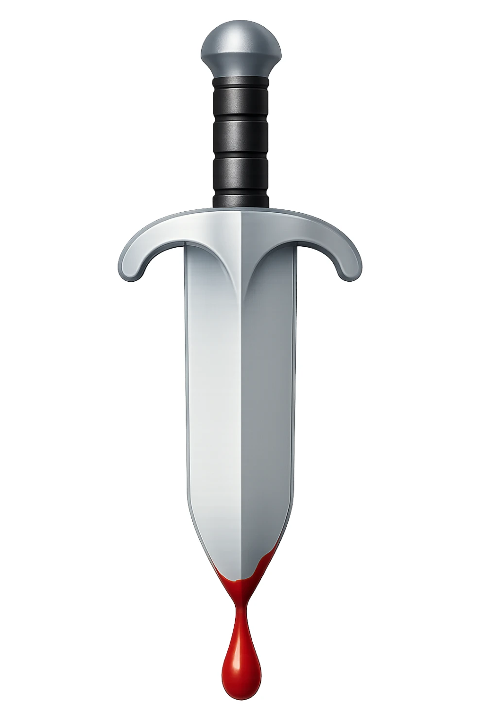 Rotate the sword to be perfectly vertical, keep the exact same type, proportions, and details. Change the finish from iron to realistic, lighter, shiny steel. Add blood dripping from the tip. The style should resemble apple style emojis with a transparent background. sticker