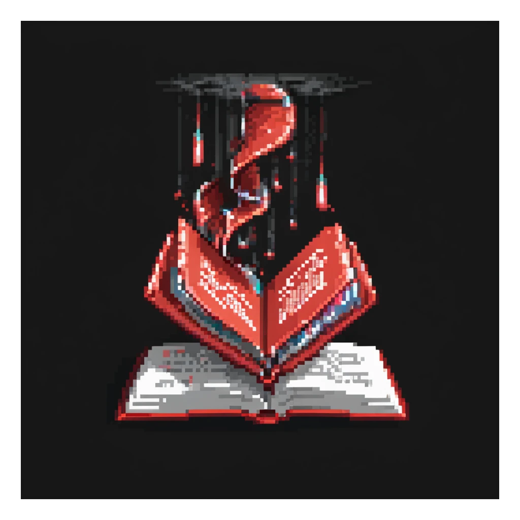 pixel art floating red book with pages turning, dark background, magical glow sticker