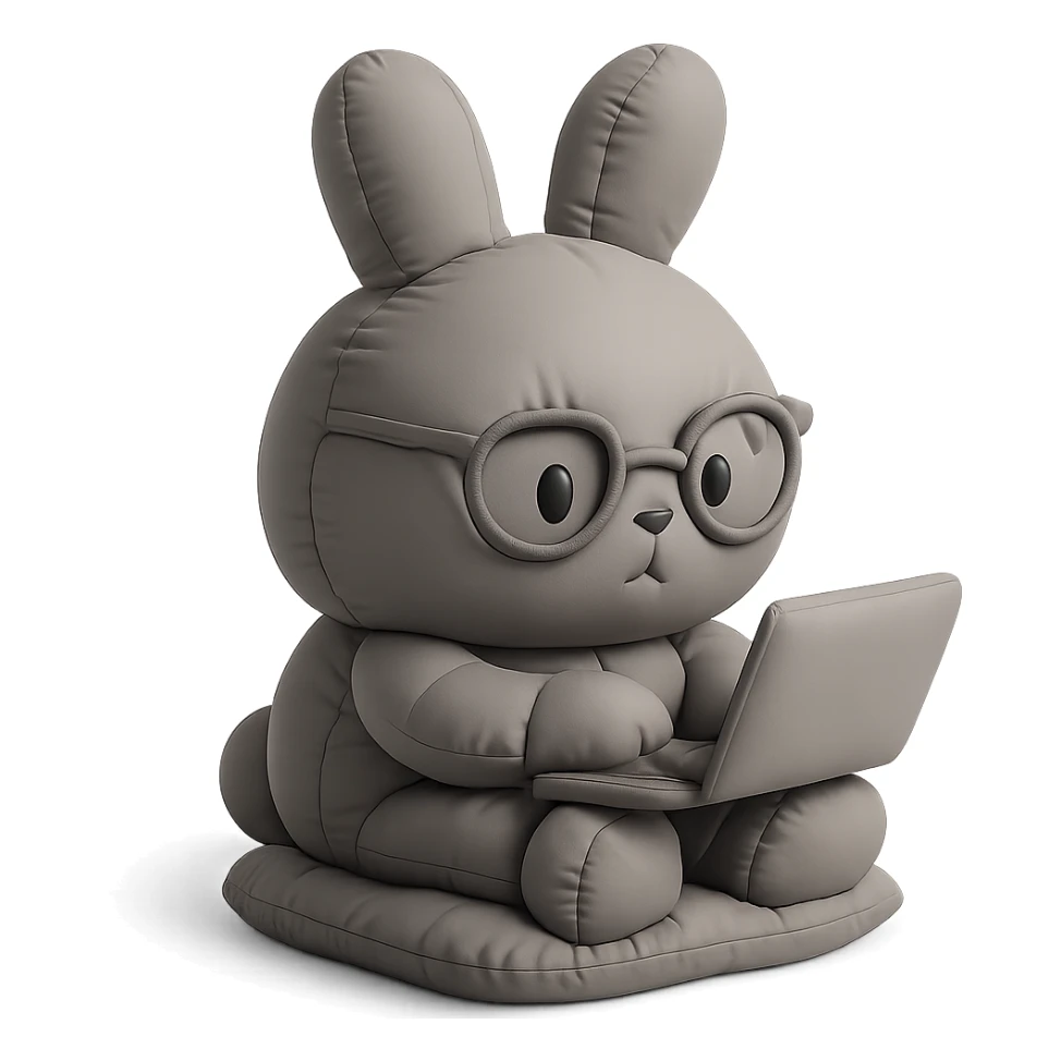 full-body round-faced gray bunny wearing glasses, sitting on a small cushion, working on a laptop with focused eyes, cushion style sticker