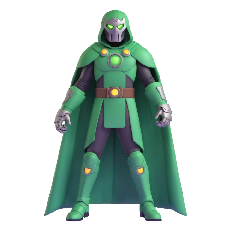 Doctor Doom standing tall with glowing green eyes behind his metal mask, full body view sticker