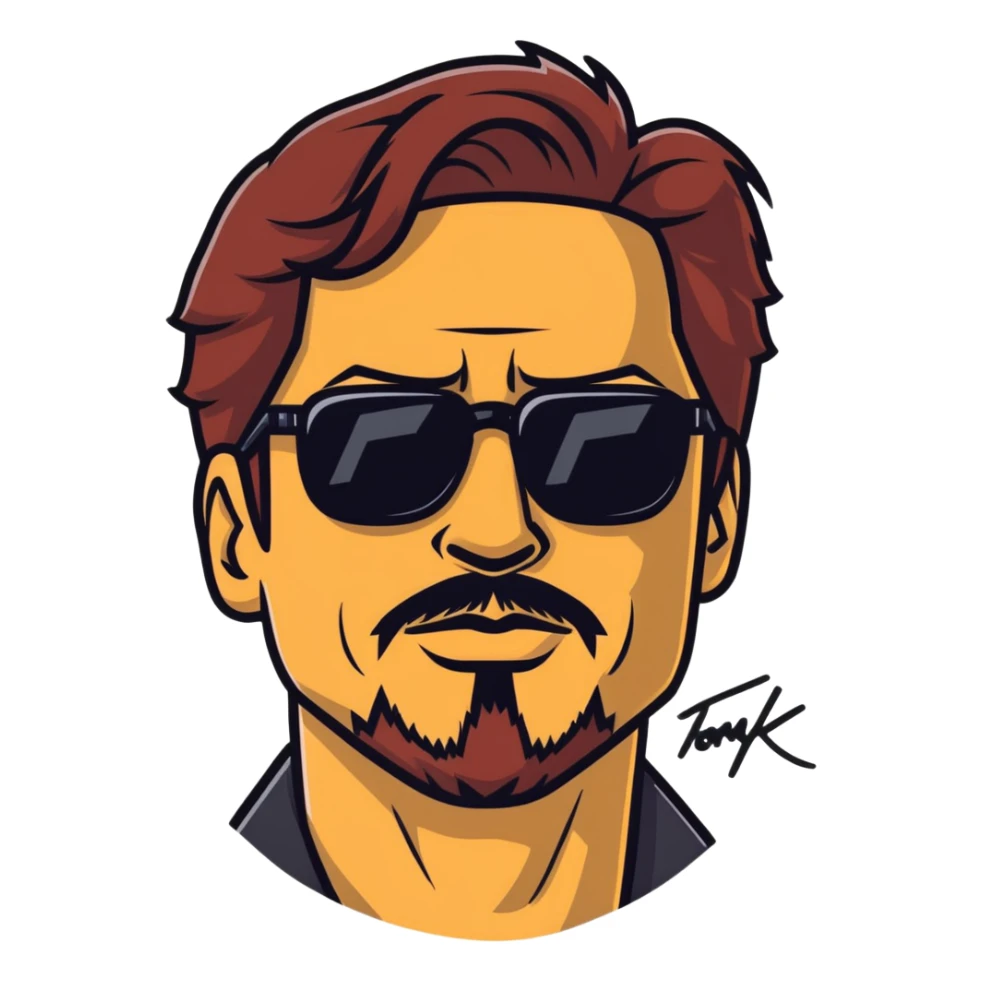 Tony Stark with stylish glasses and signature goatee sticker