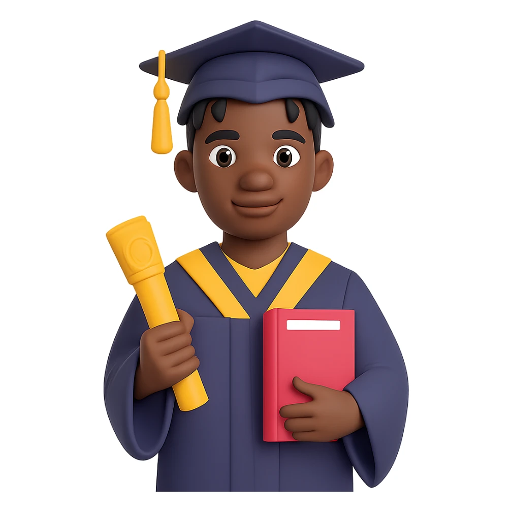 Transform the image into a male African American graduate with twists hairstyle, holding diploma, wearing cap and gown. Remove the background entirely for a clean isolated subject. sticker