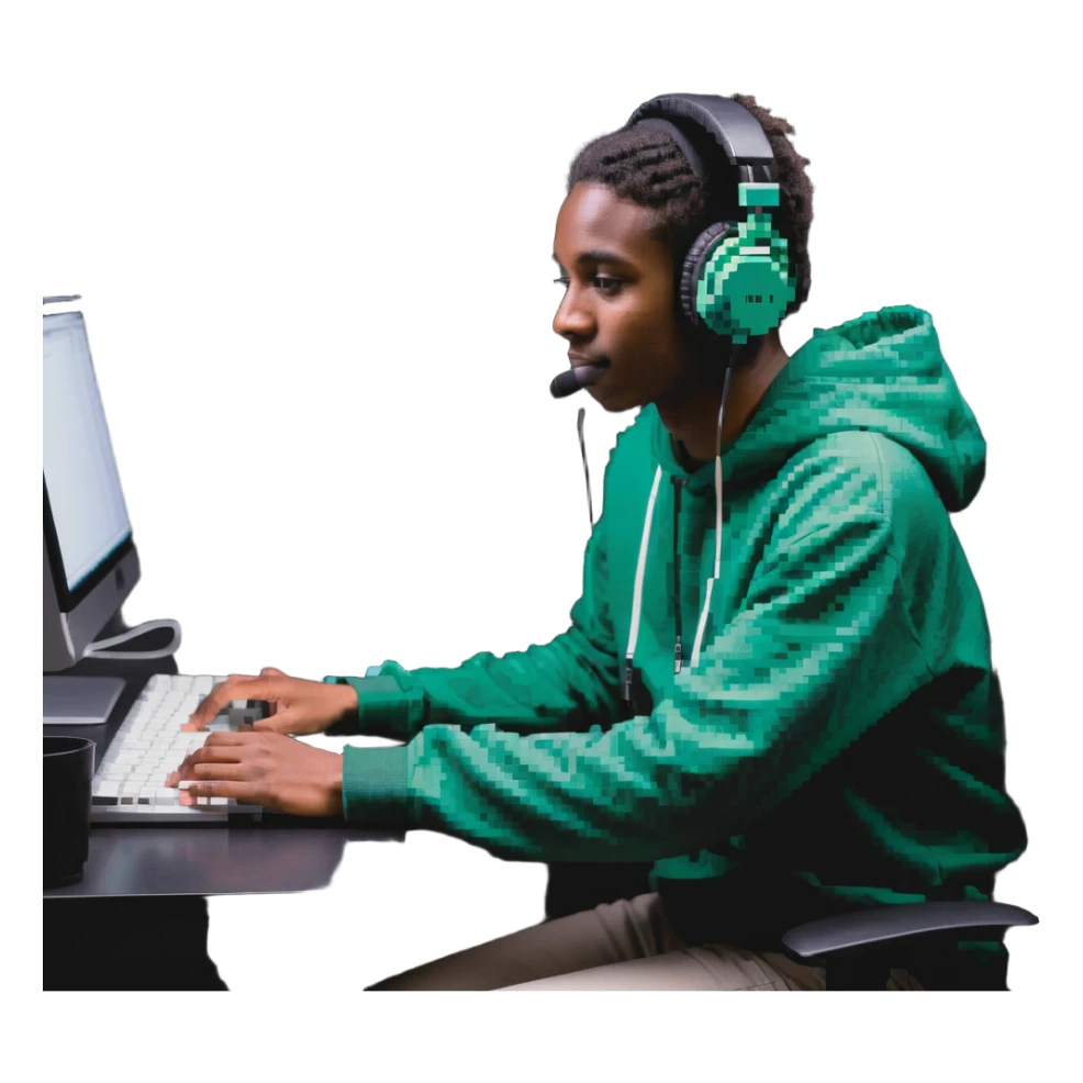 Person with headphones at computer desk recording video sticker