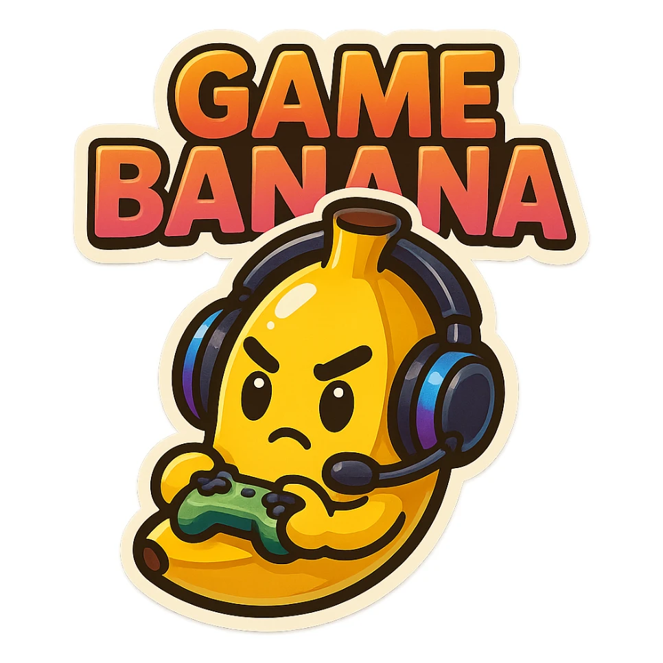 Cartoon banana wearing headset, holding tiny controller, focused expression, text above: "NE BANANA", chibi style, Twitch emoji style, transparent background, colorful sticker