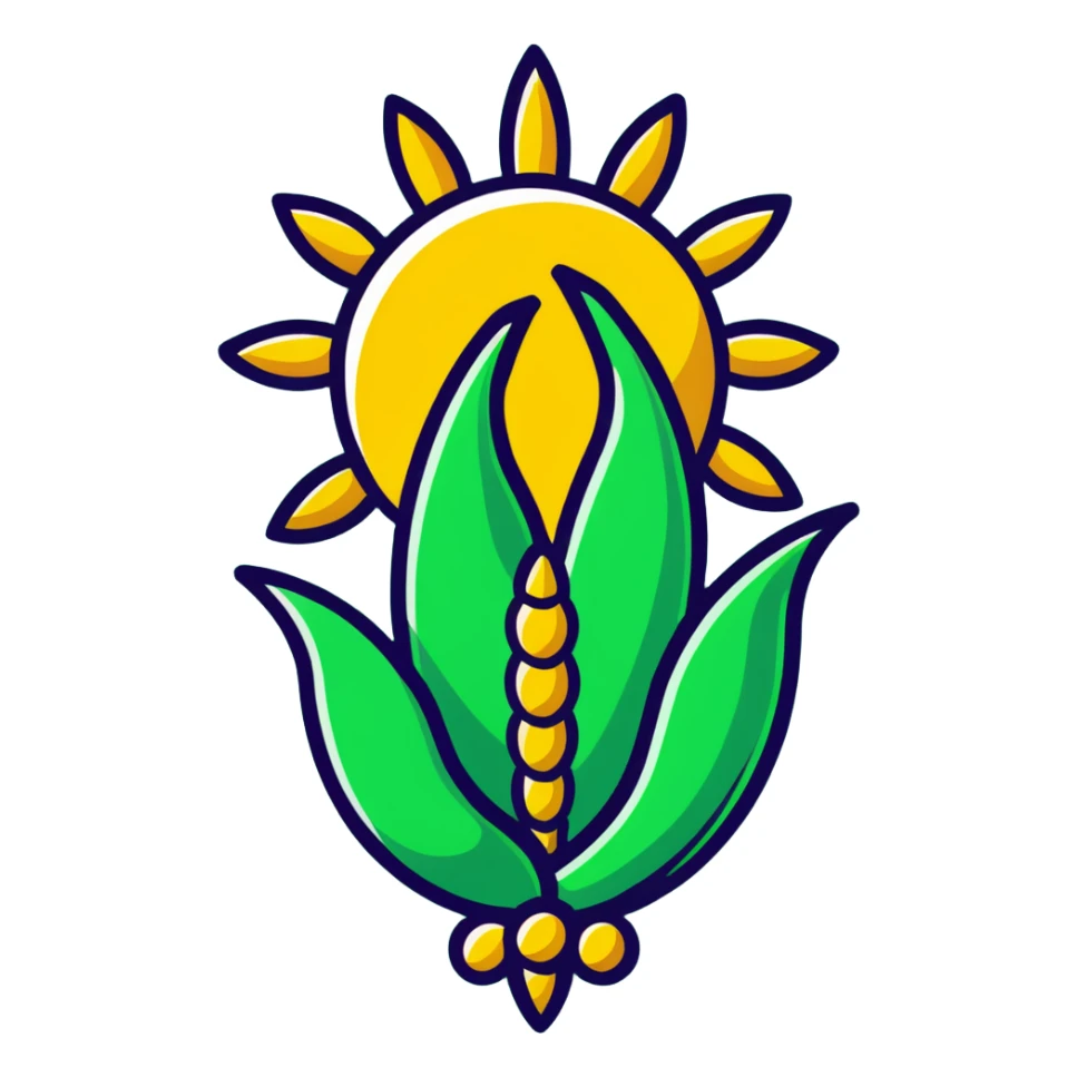 Minimalist Maya corn and sun symbols as message indicators, only white and deep green colors, flat design with clean lines sticker