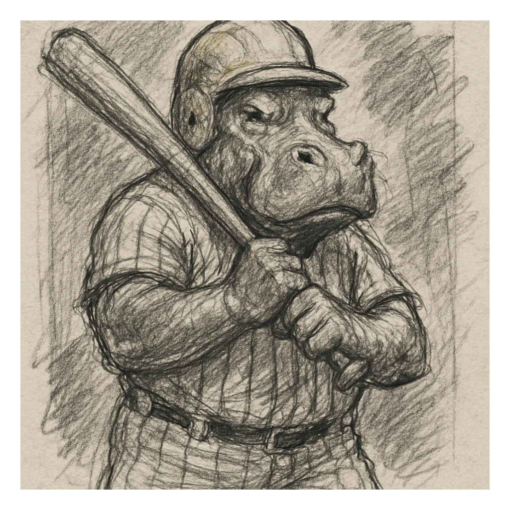 hippo holding a baseball bat, wearing a yellow helmet, pinstripes outfit sticker