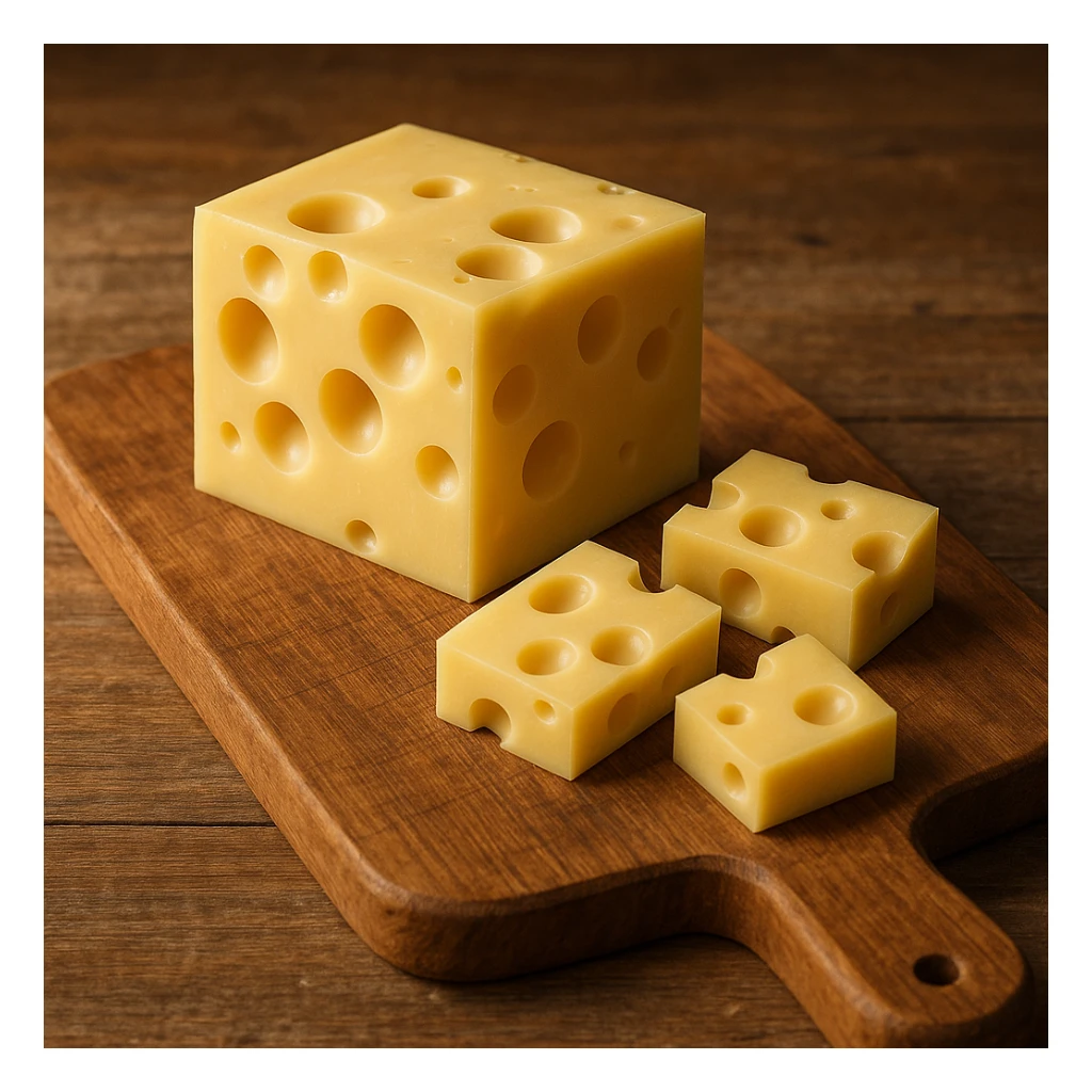 realistic Italian Emmental cheese pieces on a wooden cutting board sticker