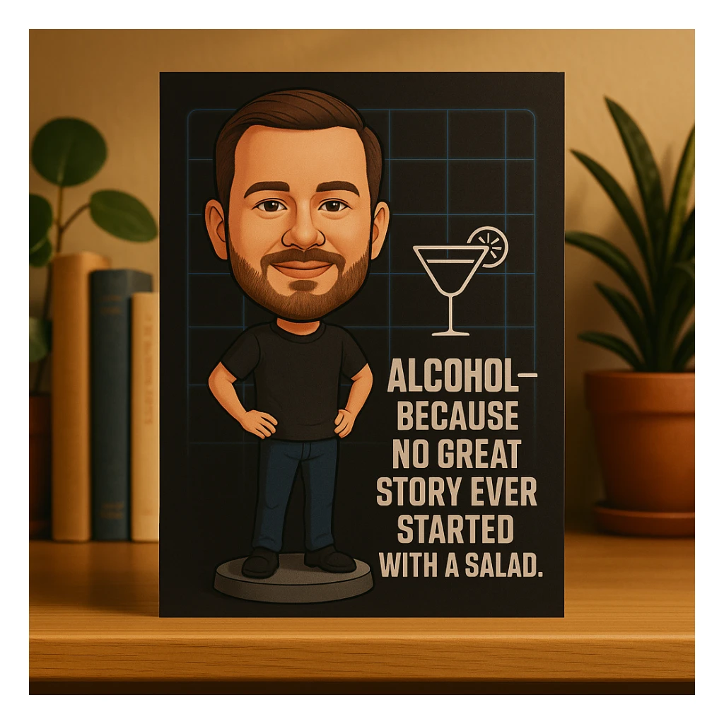 birthday card featuring Dylan as a bobblehead character, minimal neon grid background, one drink icon, bold chrome text with the quote 'Alcohol—because no great story ever started with a salad.', clean limited color palette sticker