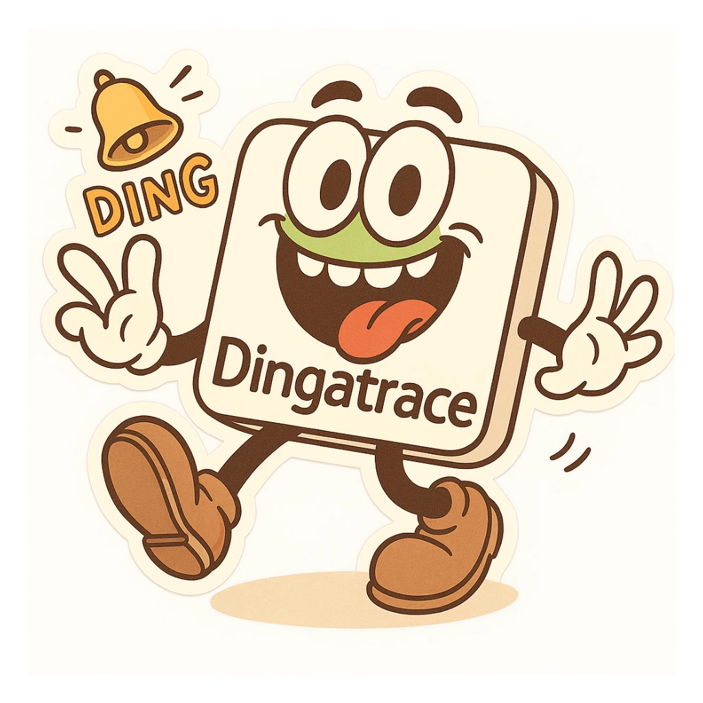 Add playful 'Dingatrace' flair by swapping any Dynatrace text for 'Dingatrace'. Add a ringing bell or comic ding sound effect. Keep the goofy mascot style. sticker