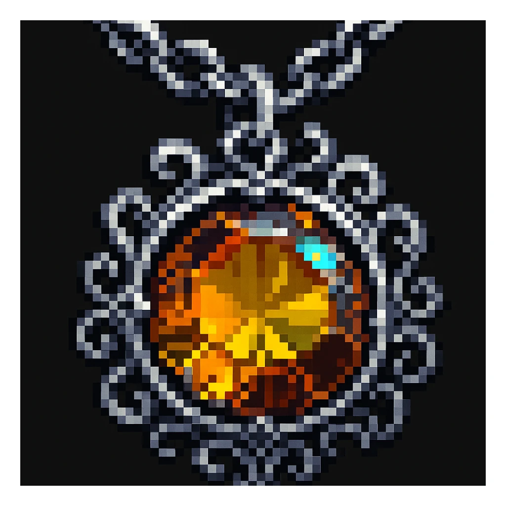 Make it pixel art style: Add a silver chain or ornate setting to the round cut holographic amber charm, keeping the extreme close-up and original style sticker
