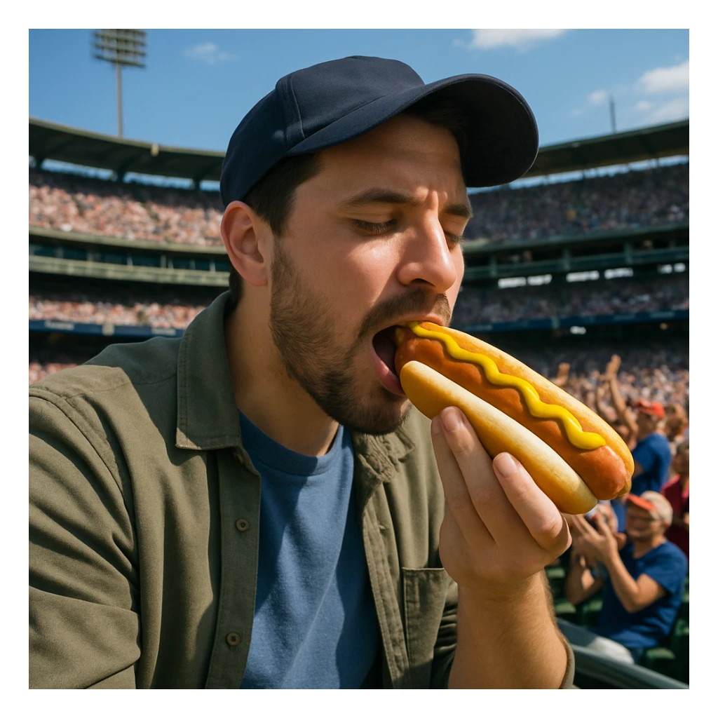 man eating a hot dog at a baseball game sticker