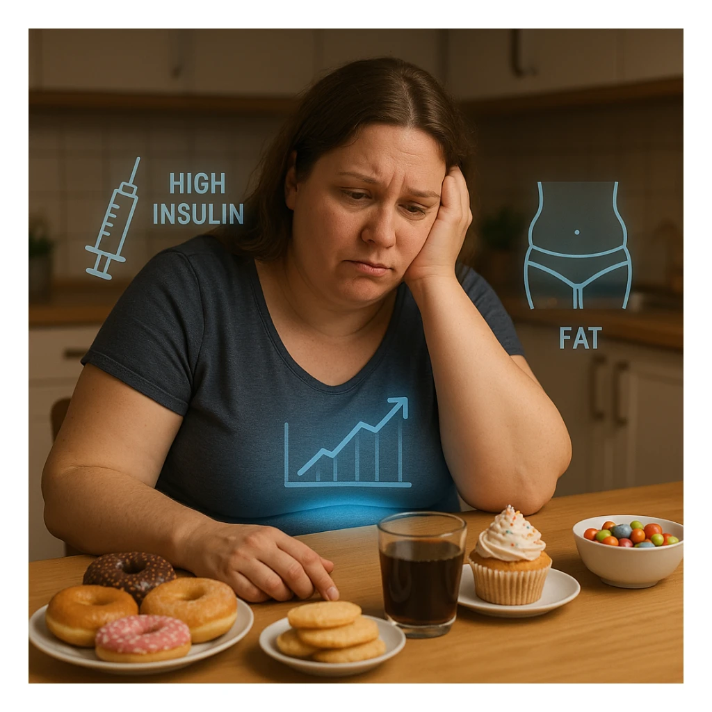 A woman in her late 30s, slightly overweight, sitting tired at a kitchen table with sugary foods in front of her. Her expression frustrated. A faint blue glow surrounds her abdomen, symbolizing metabolic dysfunction. Floating around her body: transparent icons of high insulin, rising blood glucose levels (graph with arrows up), and fat accumulation around the belly and hips. sticker