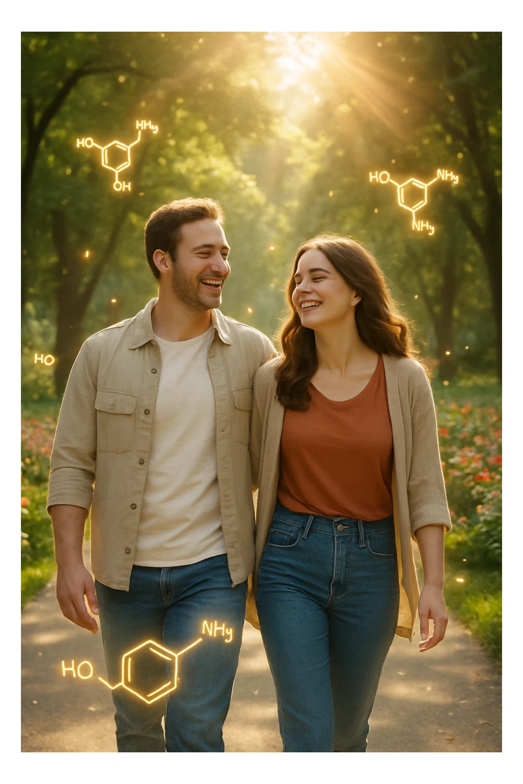 a smiling man and woman walk together along a sunlit park path, surrounded by green trees and blooming flowers. Sunbeams gently illuminate their faces, and subtle, glowing dopamine symbols float around them, symbolizing natural, healthy pleasure. The mood is uplifting and serene. sticker