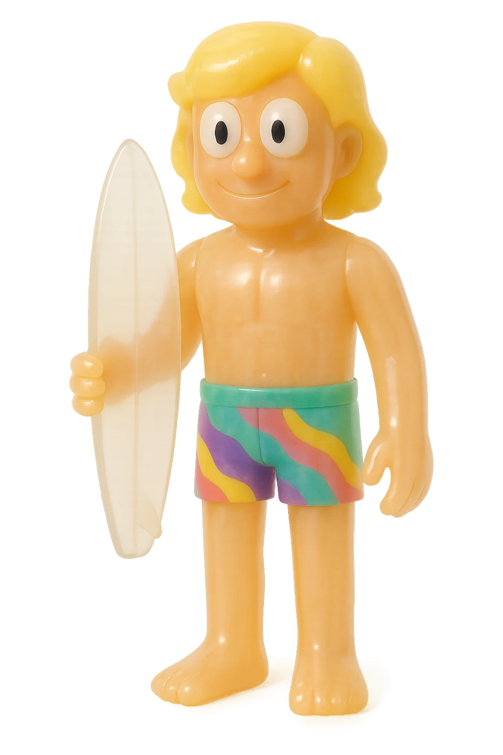 full-body surfer bro, retro 90's toy style, very transparent and slightly see-through, natural tan skin, blonde hair, colorful shorts, large white eyeballs with small black pupils, soft plastic texture, soft reflections, soft and squishy, some cloudiness, not shiny, highly detailed, appealing, no tag, no background sticker