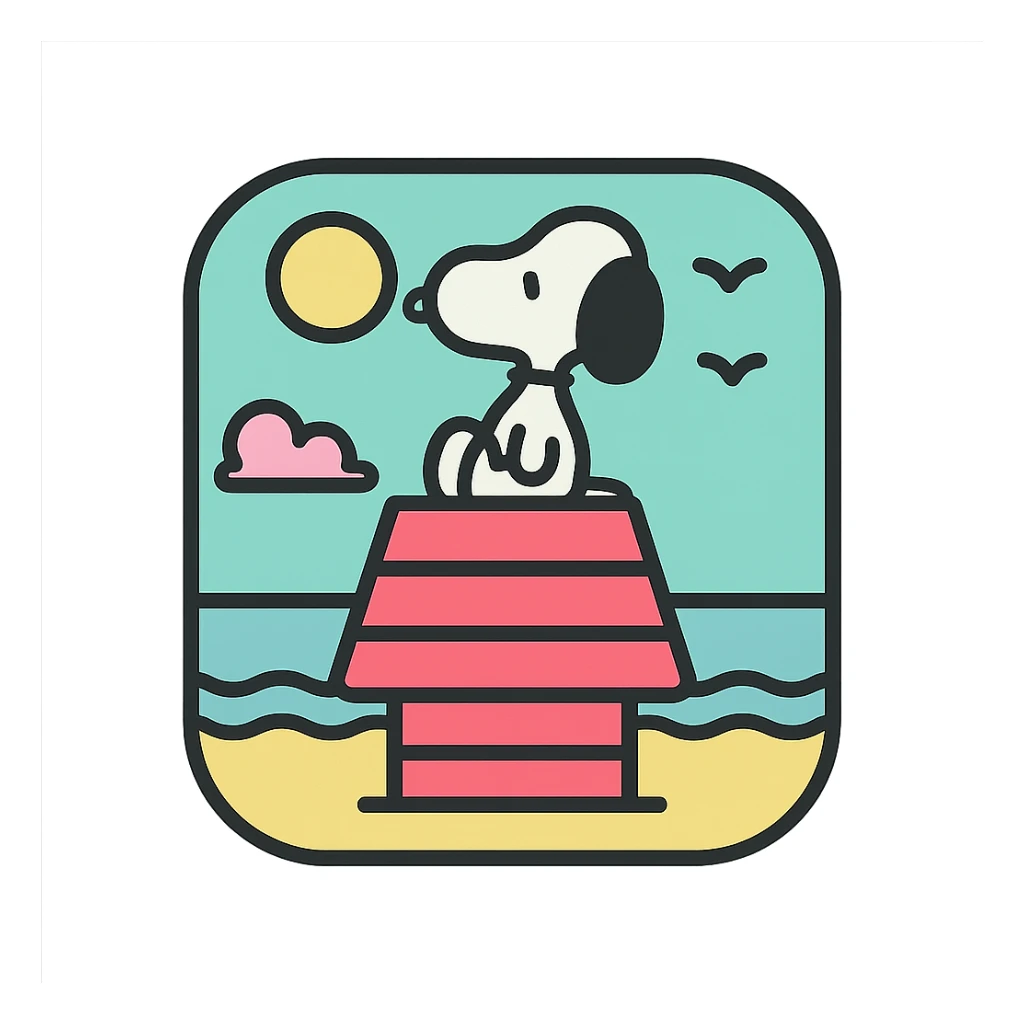 Snoopy, outlined, pastel colors, sitting on a doghouse, with a beach background sticker