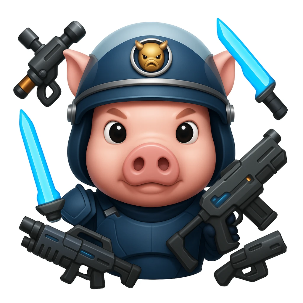 Add more sci-fi weapons to the pig Helldiver, such as futuristic rifles, energy swords, or grenade launchers, in the style of emoji (apple style emojis). sticker