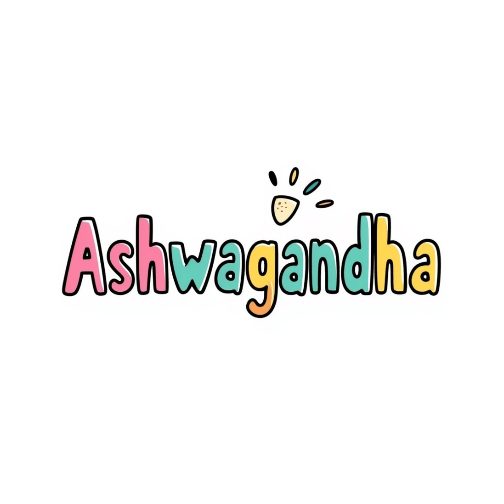 The word "Ashwagandha" hand-drawn in a vibrant tropical color scheme with pinks, teals, and yellows. Simple doodle style with minimal decoration. sticker