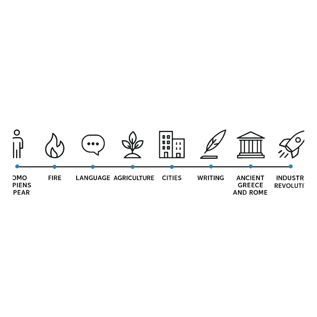 Minimalist horizontal timeline showing key events in human existence: Homo sapiens appear, fire, language, agriculture, cities, writing, ancient Greece and Rome, industrial revolution, space travel, internet. Simple icons for each milestone, blue accent, clean sans-serif typography, uncluttered layout. sticker
