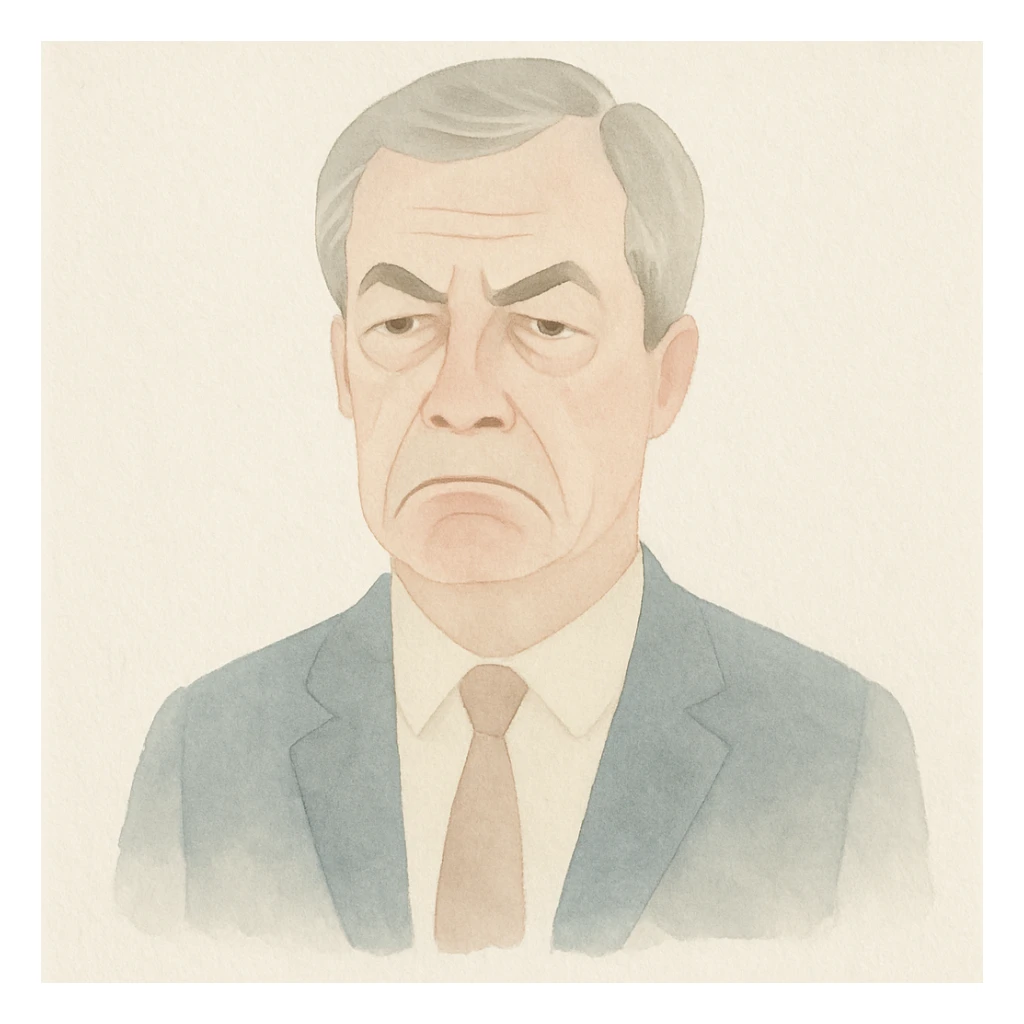 Nigel Farage looking grumpy, watercolor illustration style sticker